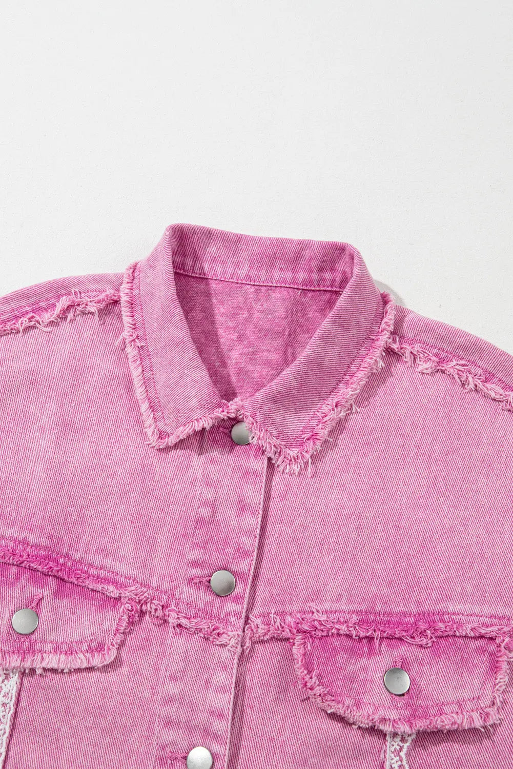 Pink Lace Patchwork Distressed Buttoned Denim Jacket eAura