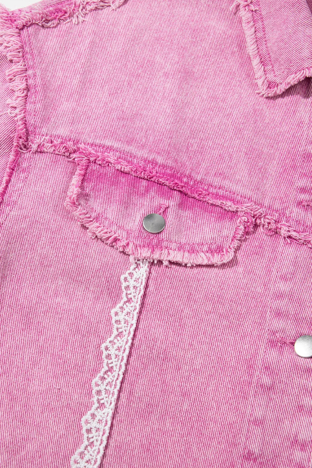 Pink Lace Patchwork Distressed Buttoned Denim Jacket eAura