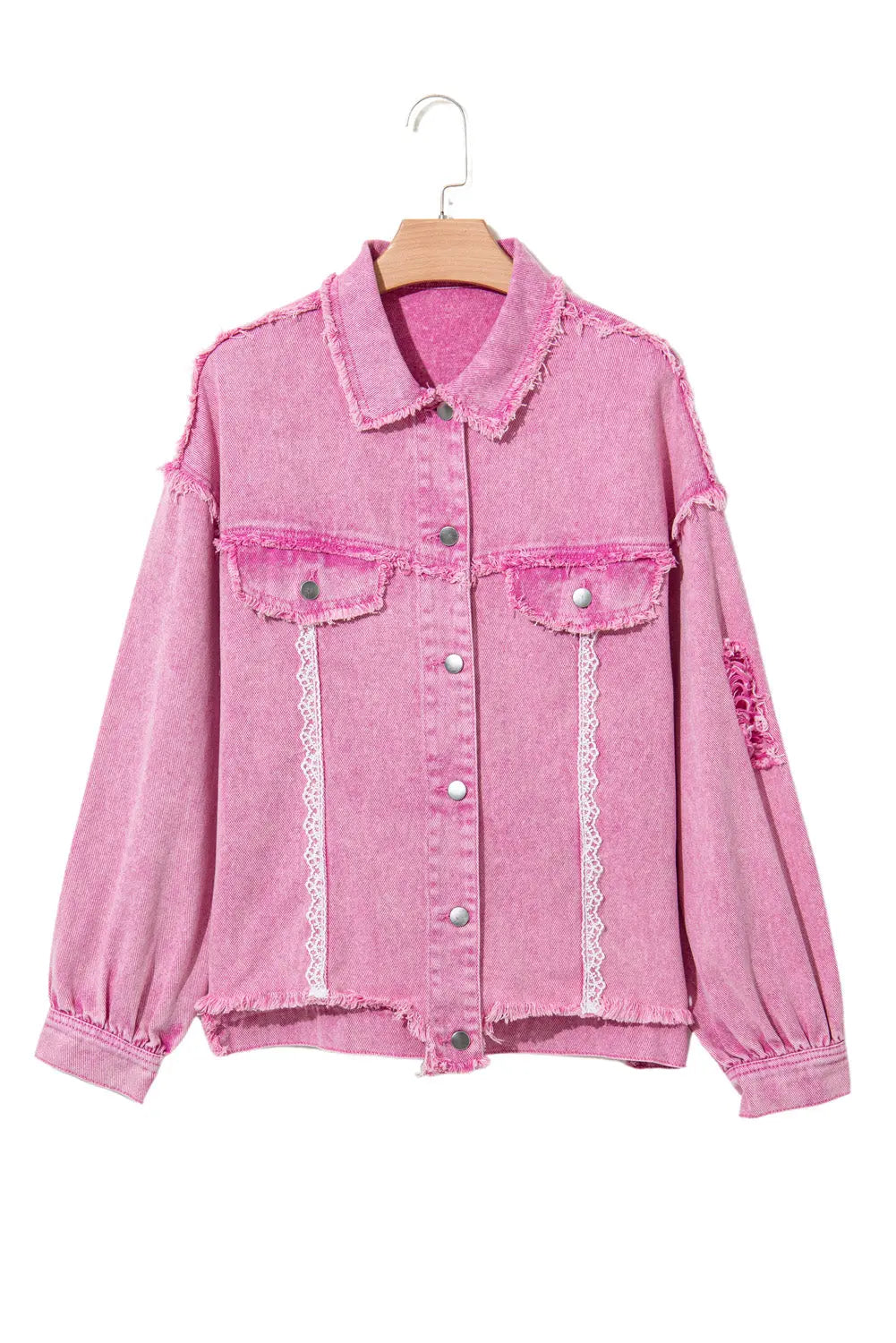 Pink Lace Patchwork Distressed Buttoned Denim Jacket eAura