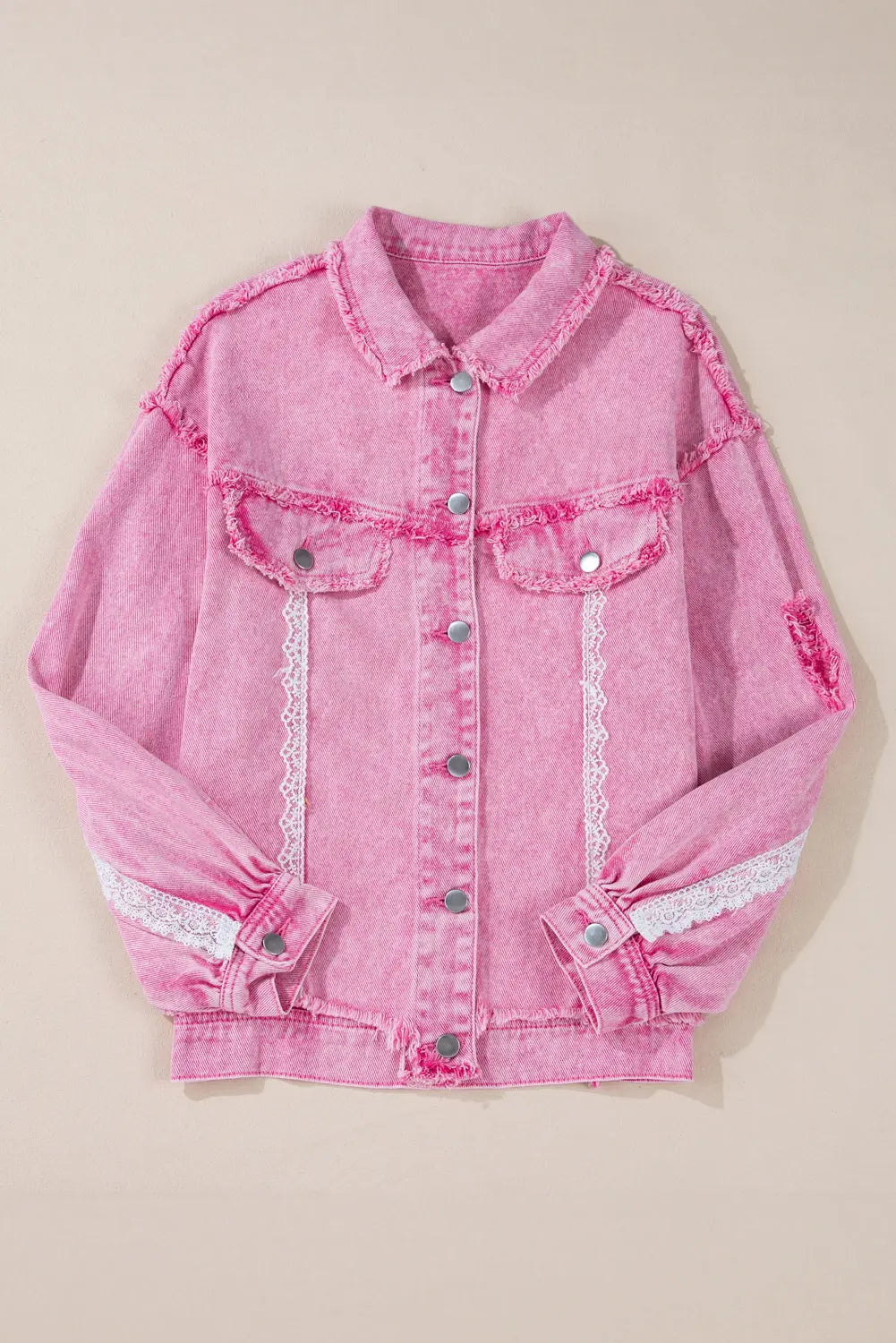 Pink Lace Patchwork Distressed Buttoned Denim Jacket eAura