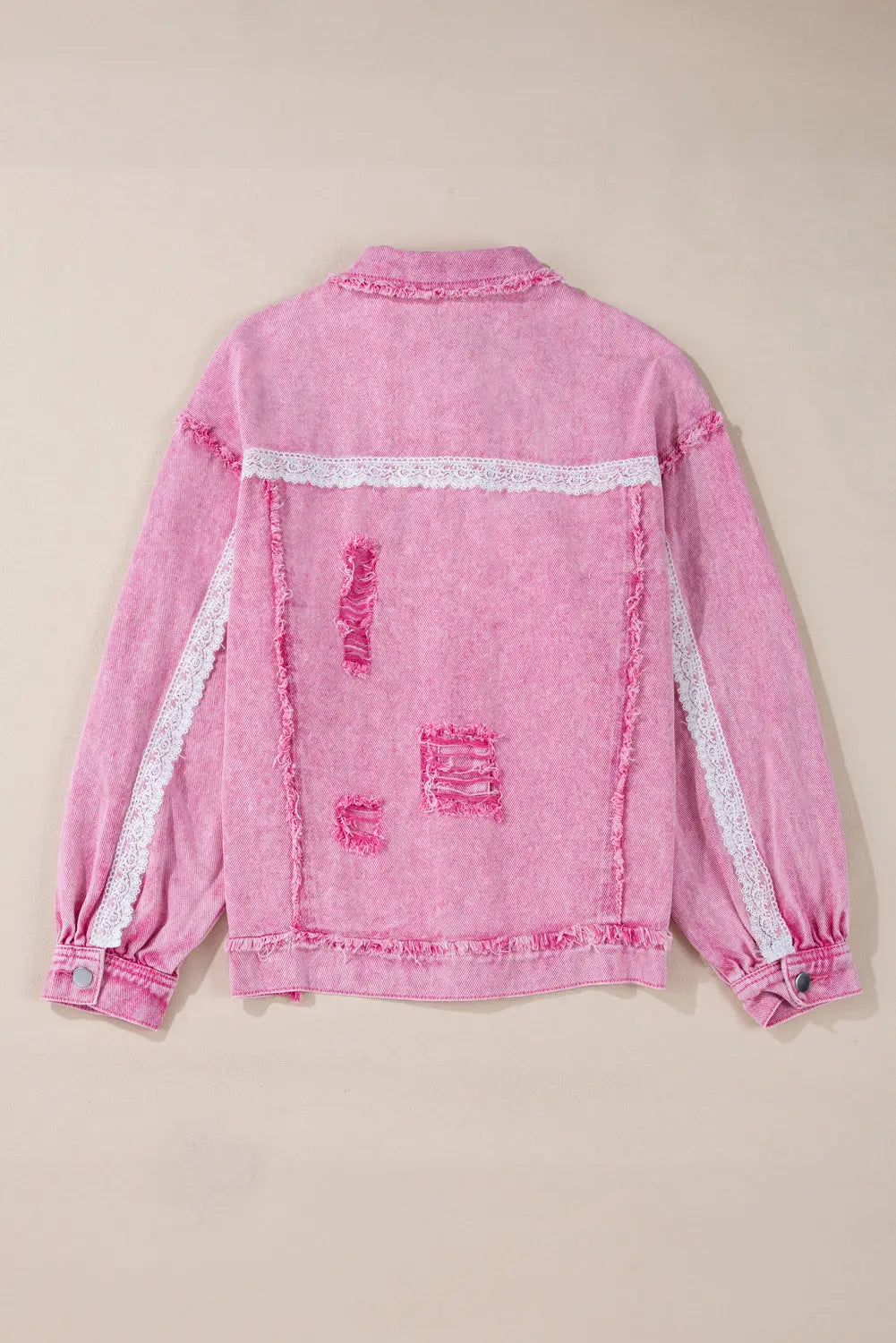 Pink Lace Patchwork Distressed Buttoned Denim Jacket eAura