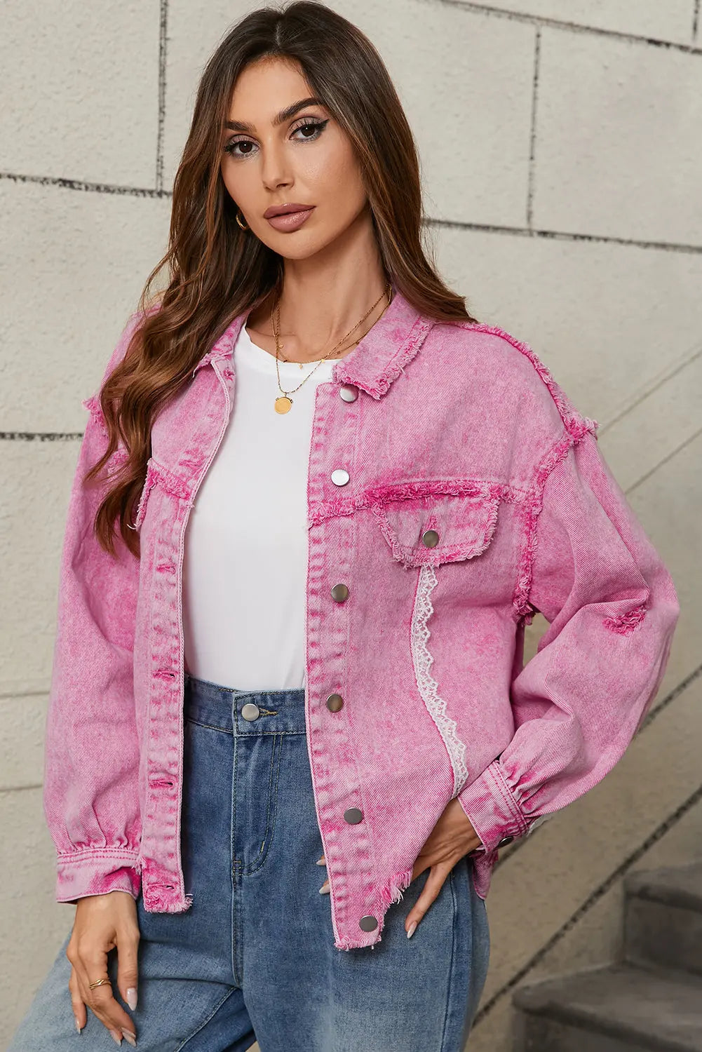 Pink Lace Patchwork Distressed Buttoned Denim Jacket eAura