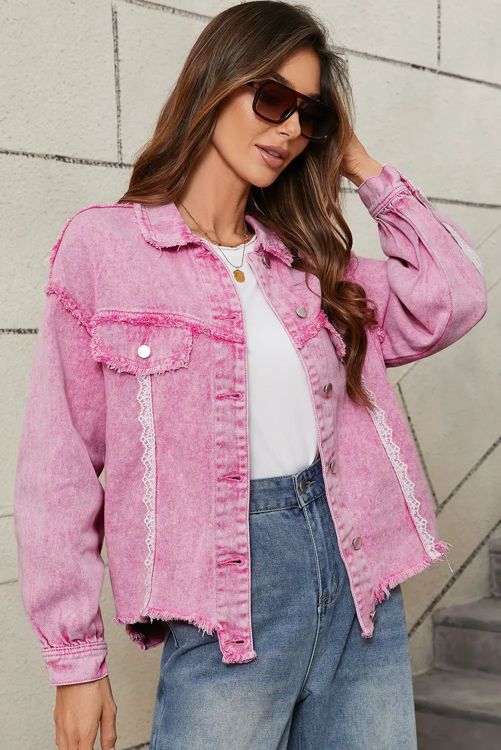 Pink Lace Patchwork Distressed Buttoned Denim Jacket eAura