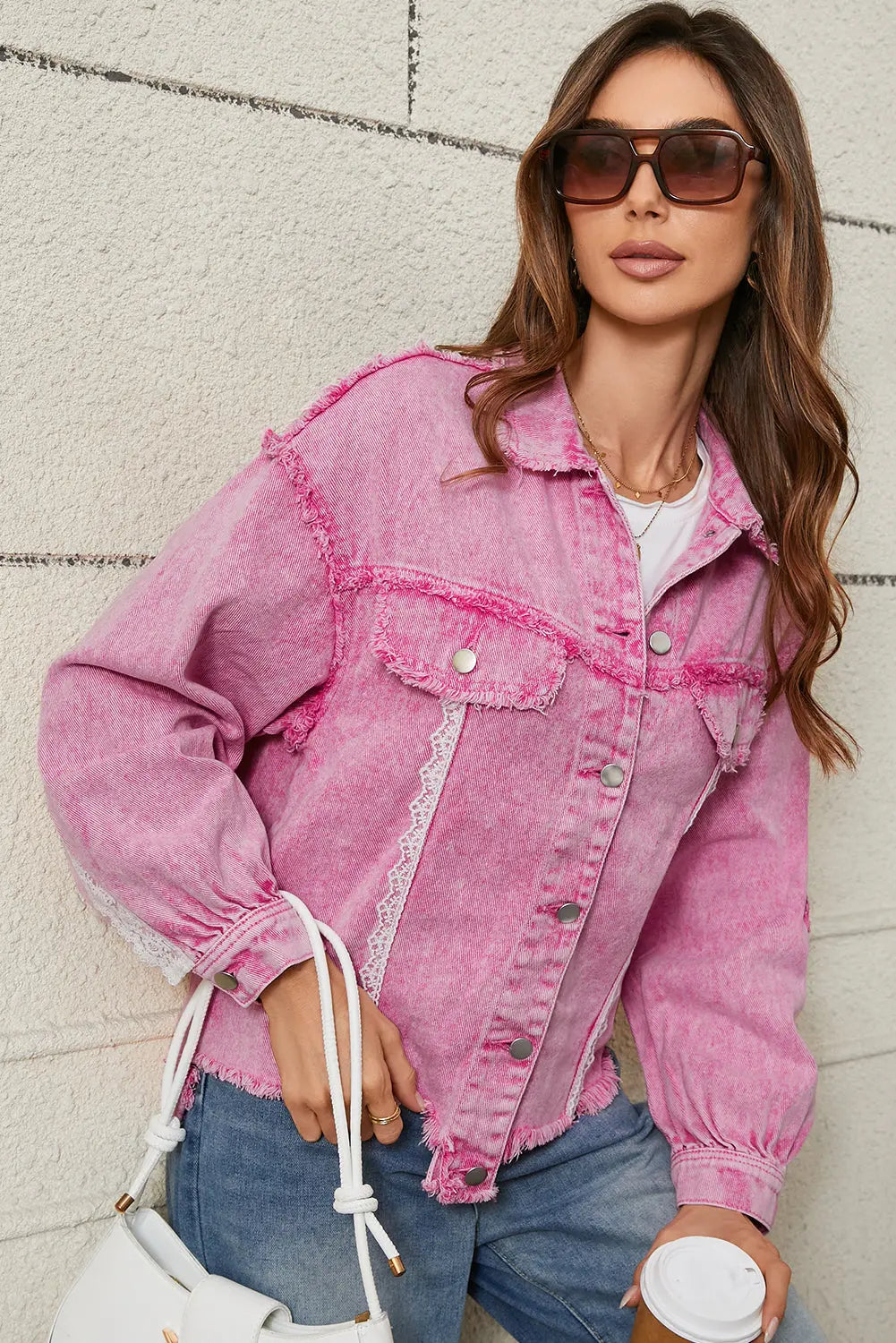 Pink Lace Patchwork Distressed Buttoned Denim Jacket eAura