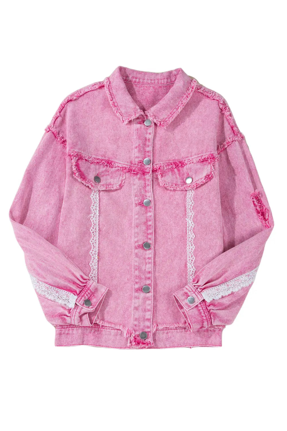 Pink Lace Patchwork Distressed Buttoned Denim Jacket eAura