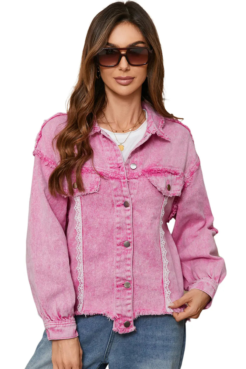 Pink Lace Patchwork Distressed Buttoned Denim Jacket eAura