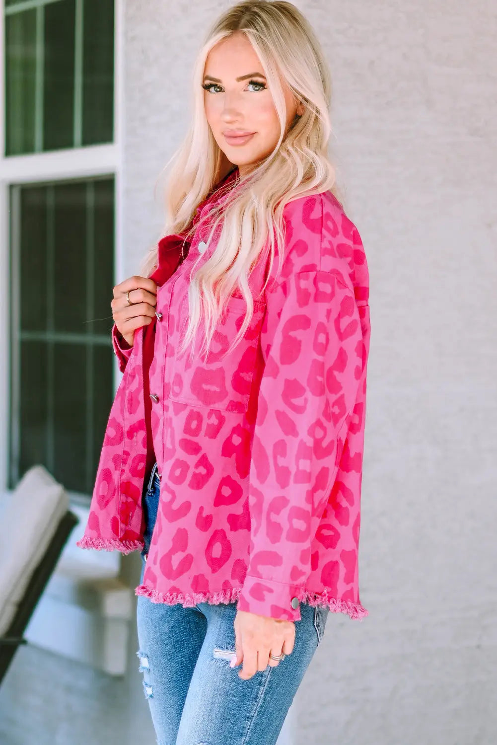 Pink Leopard Print Button Cuffs Raw Hem Jacket - eAura