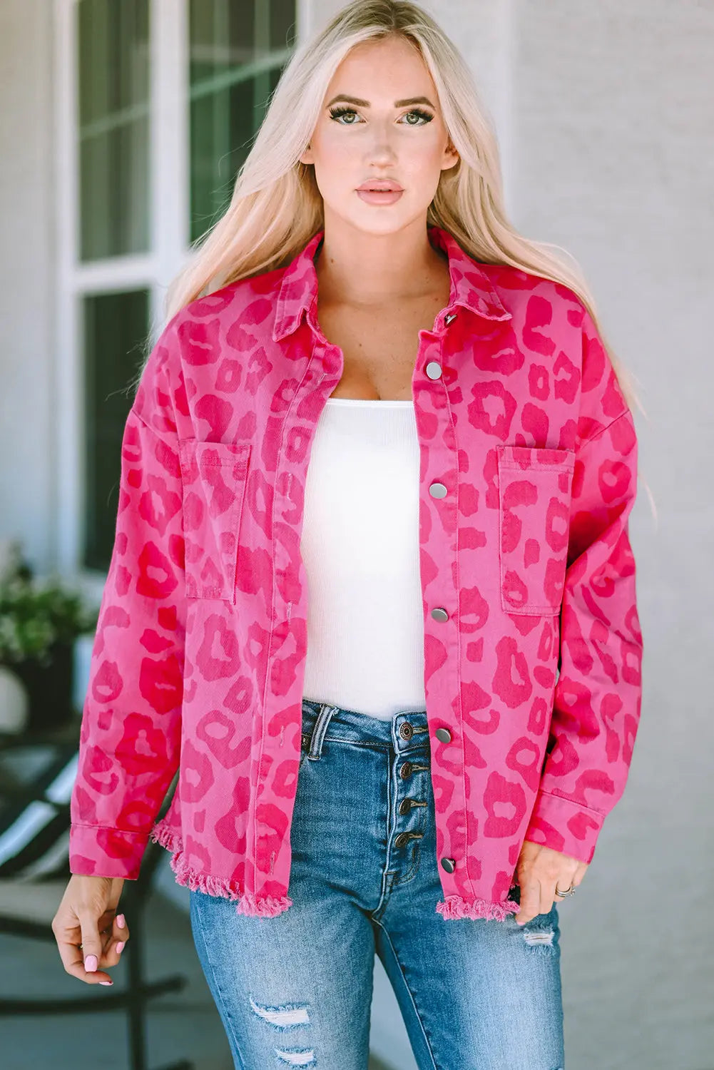 Pink Leopard Print Button Cuffs Raw Hem Jacket - eAura