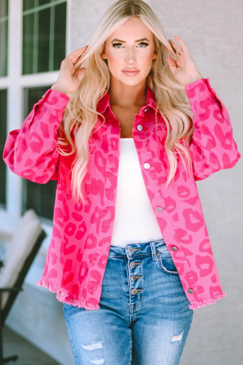 Pink Leopard Print Button Cuffs Raw Hem Jacket - eAura