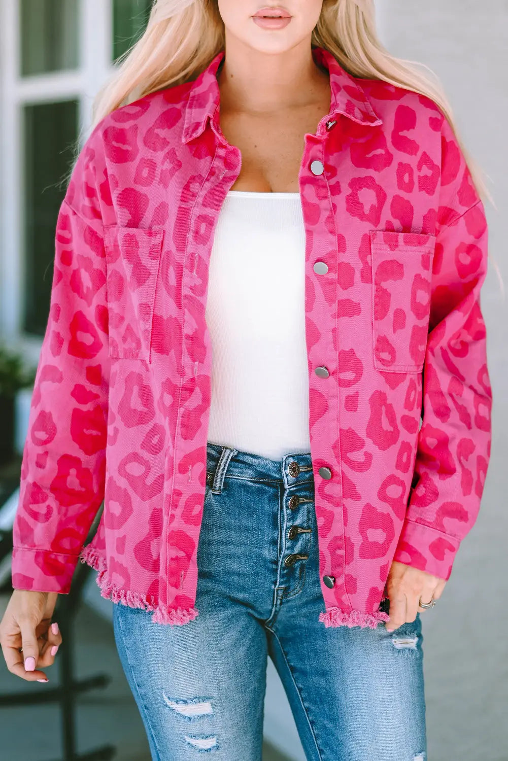 Pink Leopard Print Button Cuffs Raw Hem Jacket - eAura