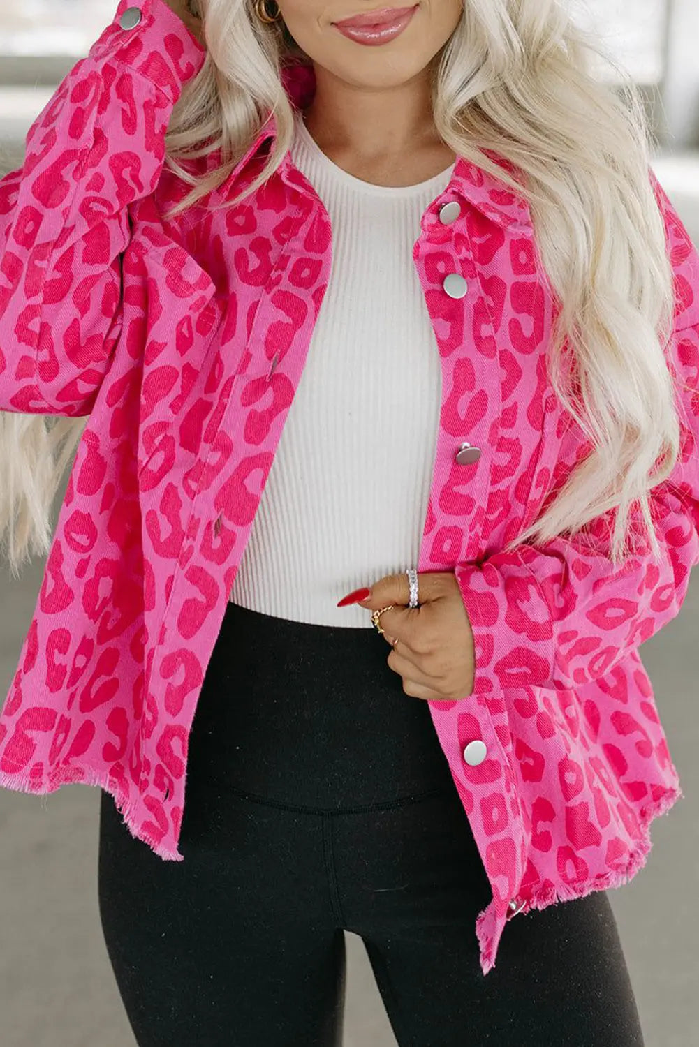 Pink Leopard Print Button Cuffs Raw Hem Jacket - eAura