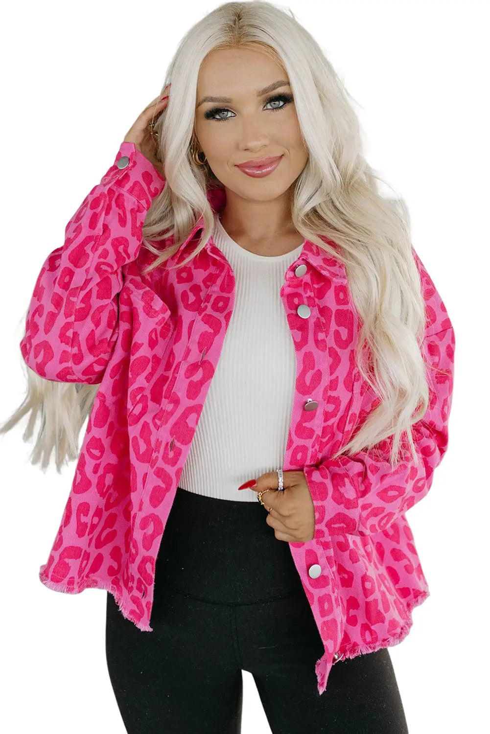 Pink Leopard Print Button Cuffs Raw Hem Jacket - eAura