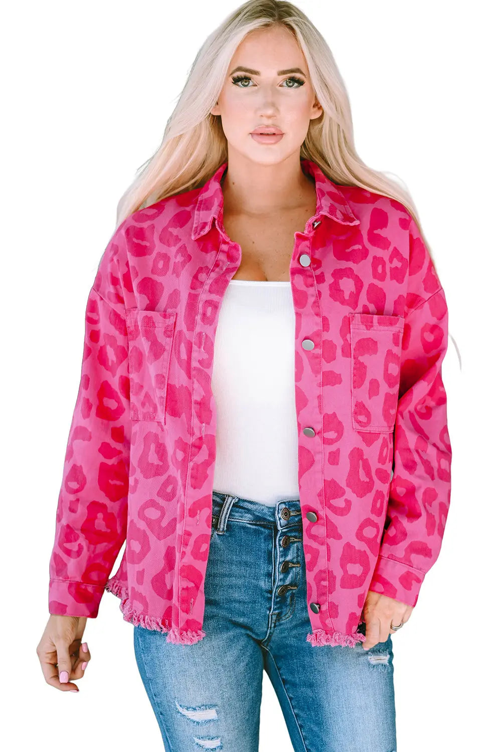 Pink Leopard Print Button Cuffs Raw Hem Jacket - eAura