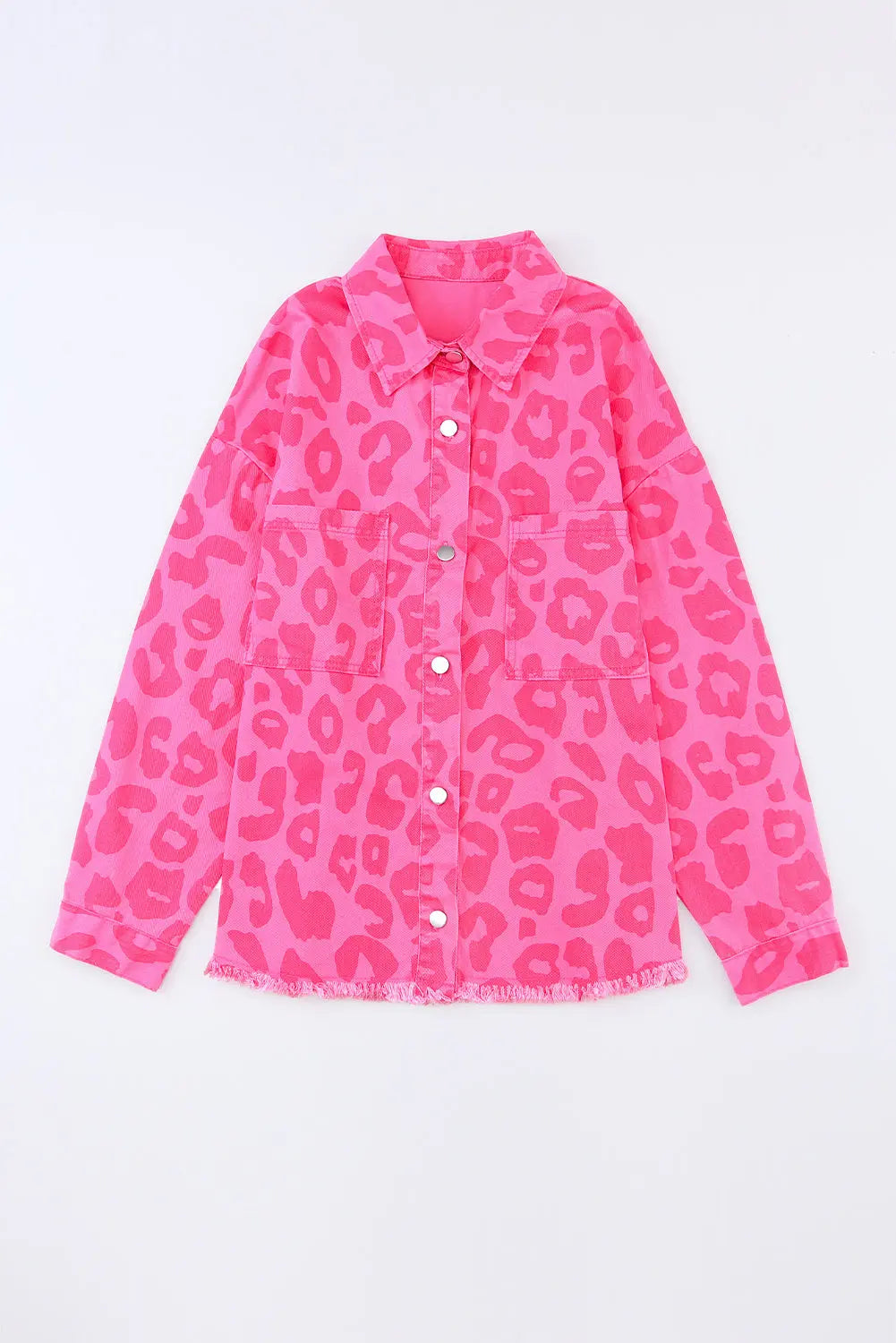 Pink Leopard Print Button Cuffs Raw Hem Jacket - eAura