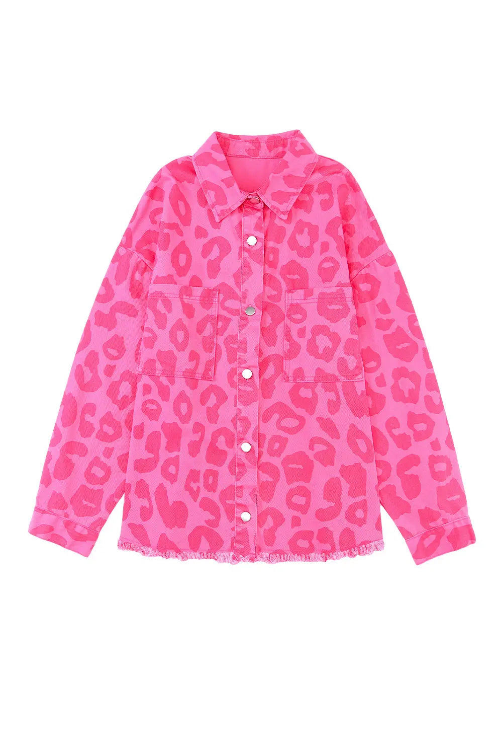 Pink Leopard Print Button Cuffs Raw Hem Jacket - eAura