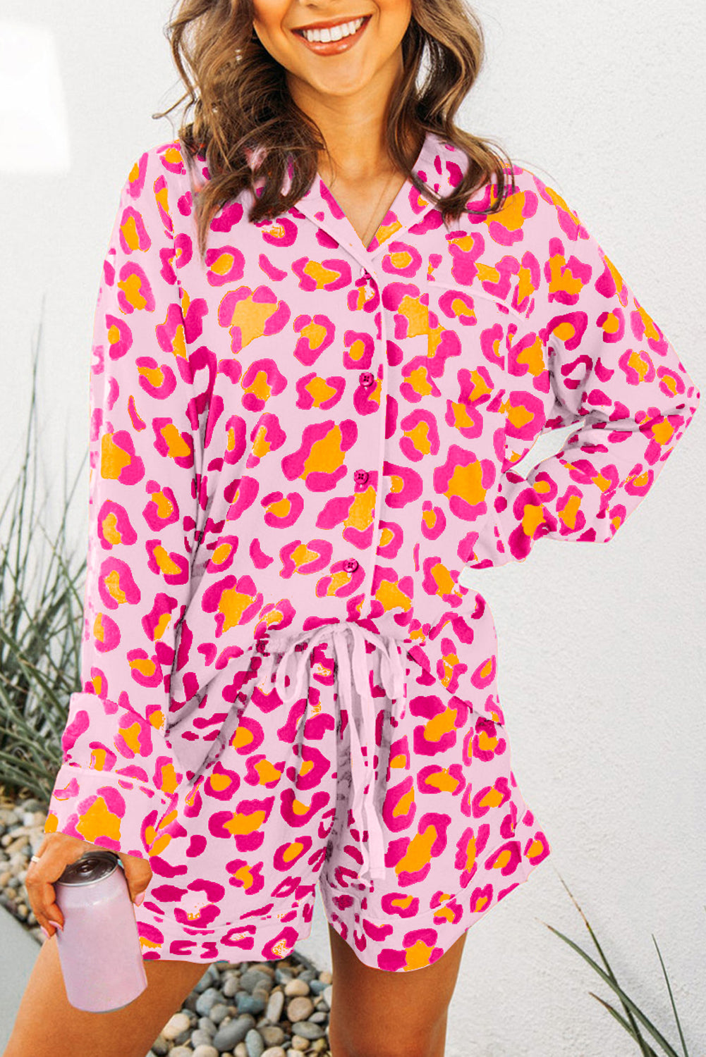 Pink Leopard Print Long Sleeve Shirt and Shorts Pyjamas Set - eAura