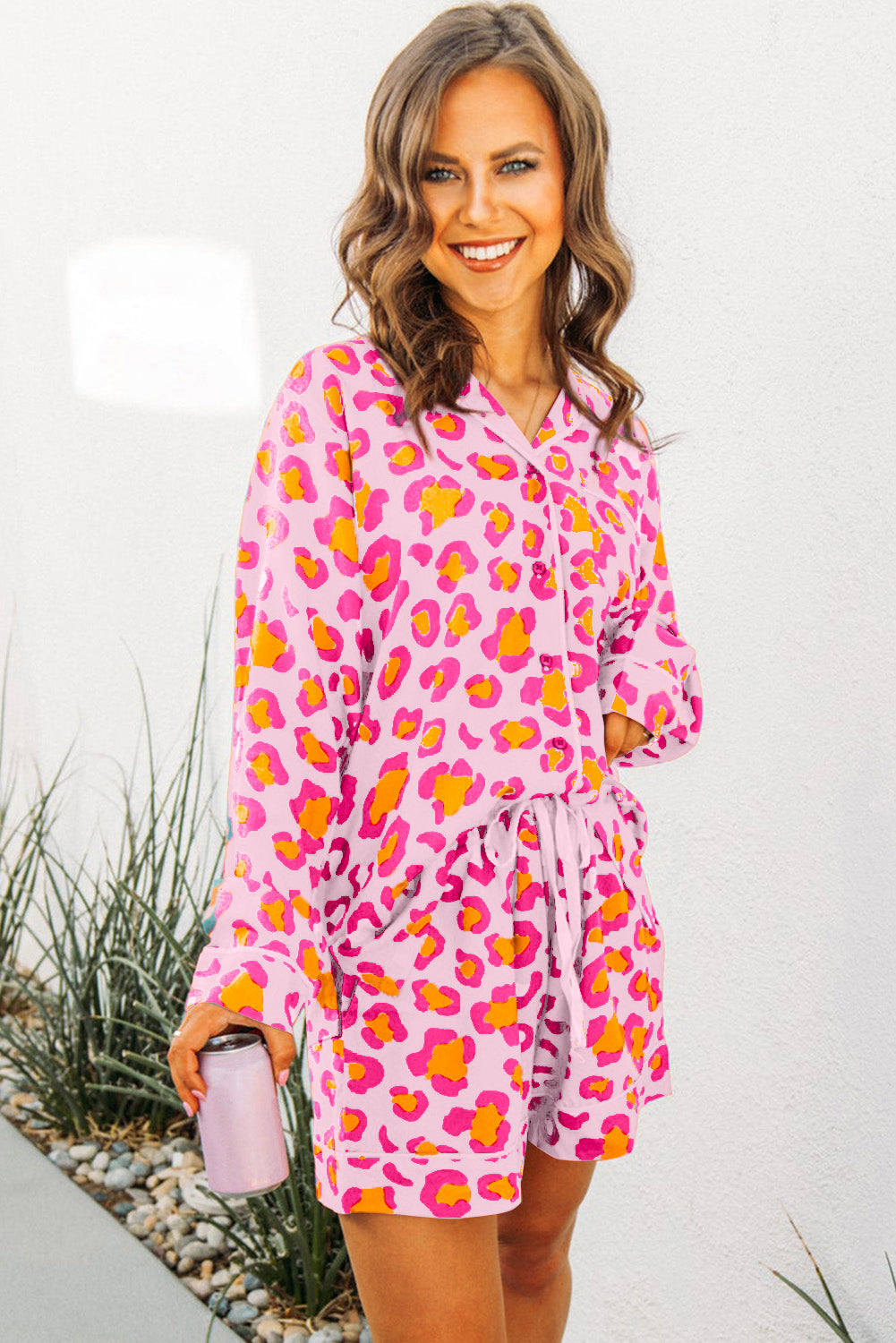 Pink Leopard Print Long Sleeve Shirt and Shorts Pyjamas Set - eAura