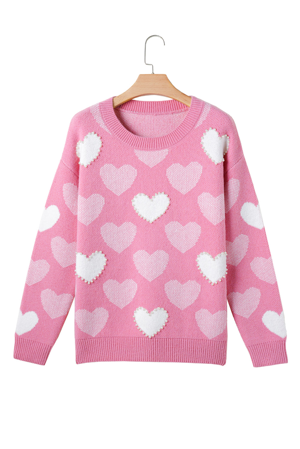 Pink Pearled Heart Print Valentines Crew Neck Sweater - Sweaters & Cardigans/Sweaters