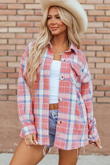 Pink Plaid Flap Pocket Button Up Shacket eAura