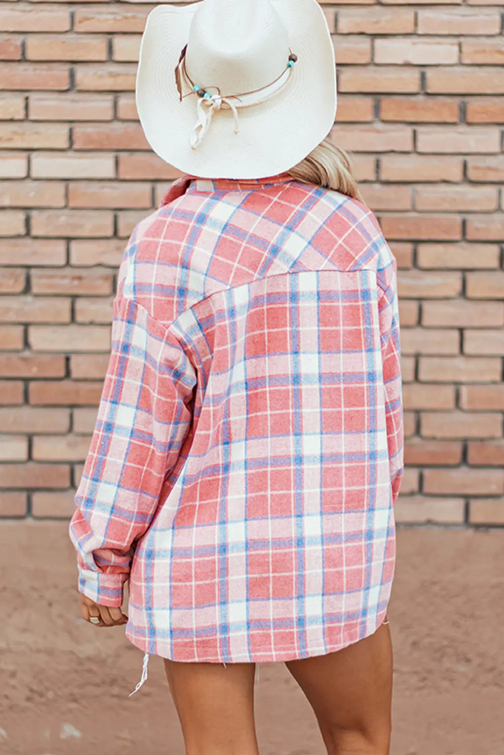 Pink Plaid Flap Pocket Button Up Shacket eAura
