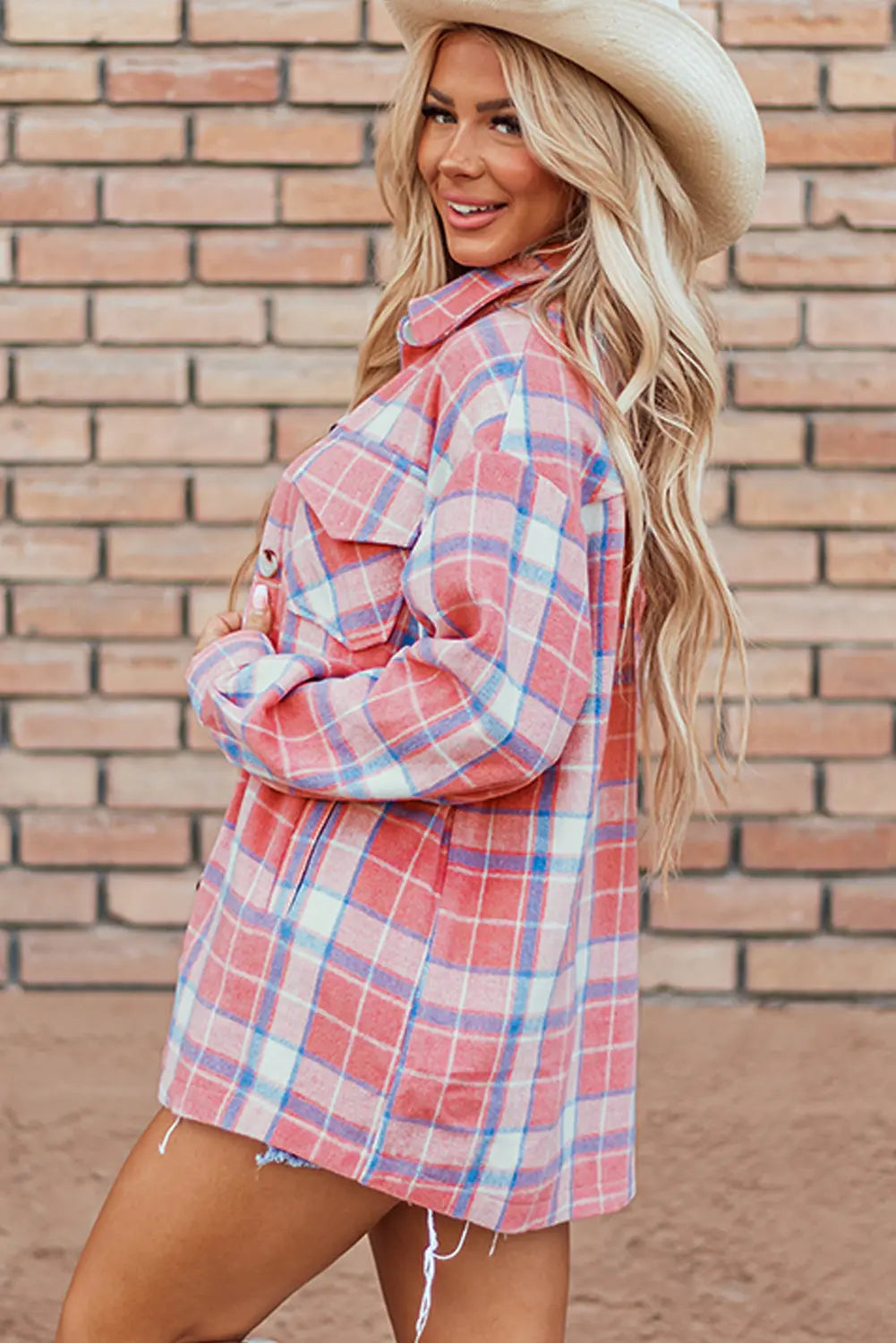 Pink Plaid Flap Pocket Button Up Shacket eAura