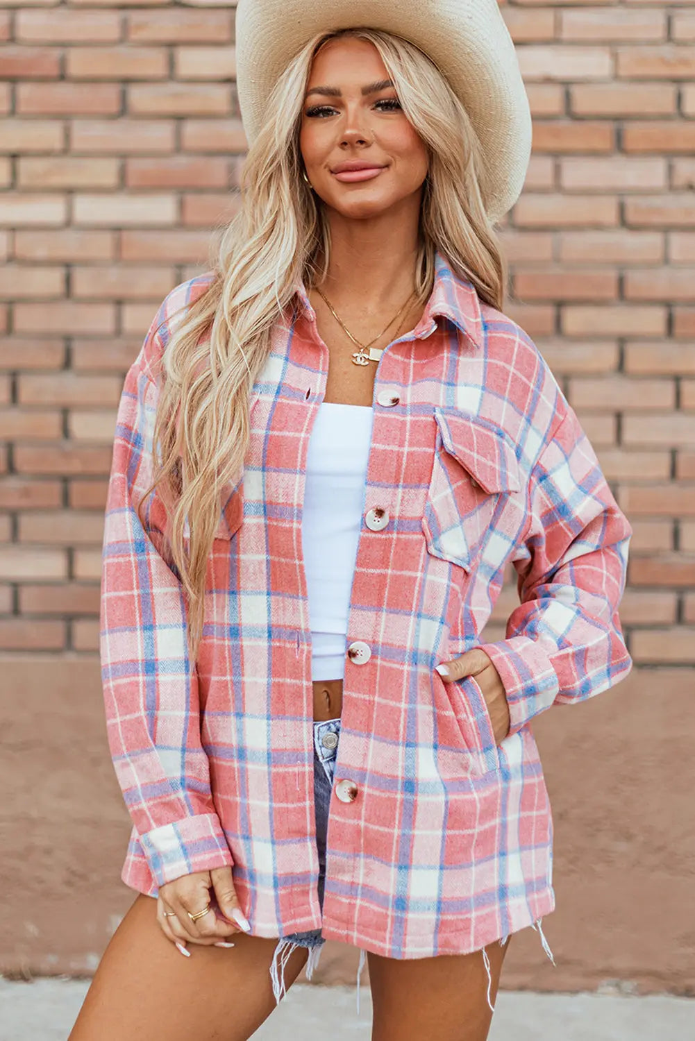 Pink Plaid Flap Pocket Button Up Shacket eAura