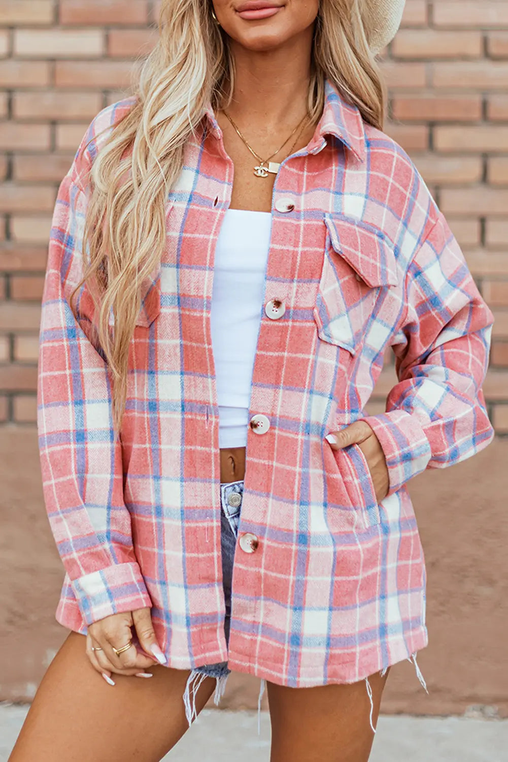 Pink Plaid Flap Pocket Button Up Shacket eAura