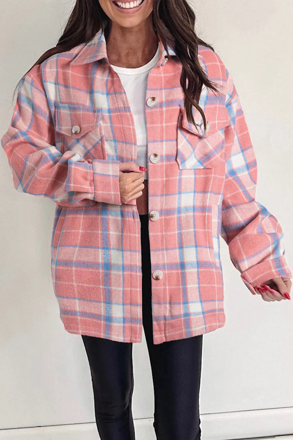 Pink Plaid Flap Pocket Button Up Shacket eAura