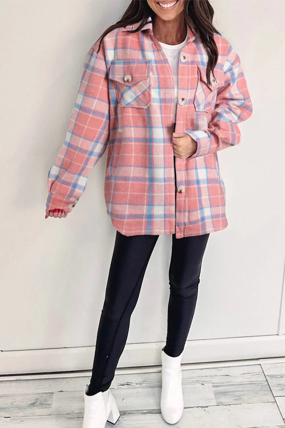 Pink Plaid Flap Pocket Button Up Shacket eAura