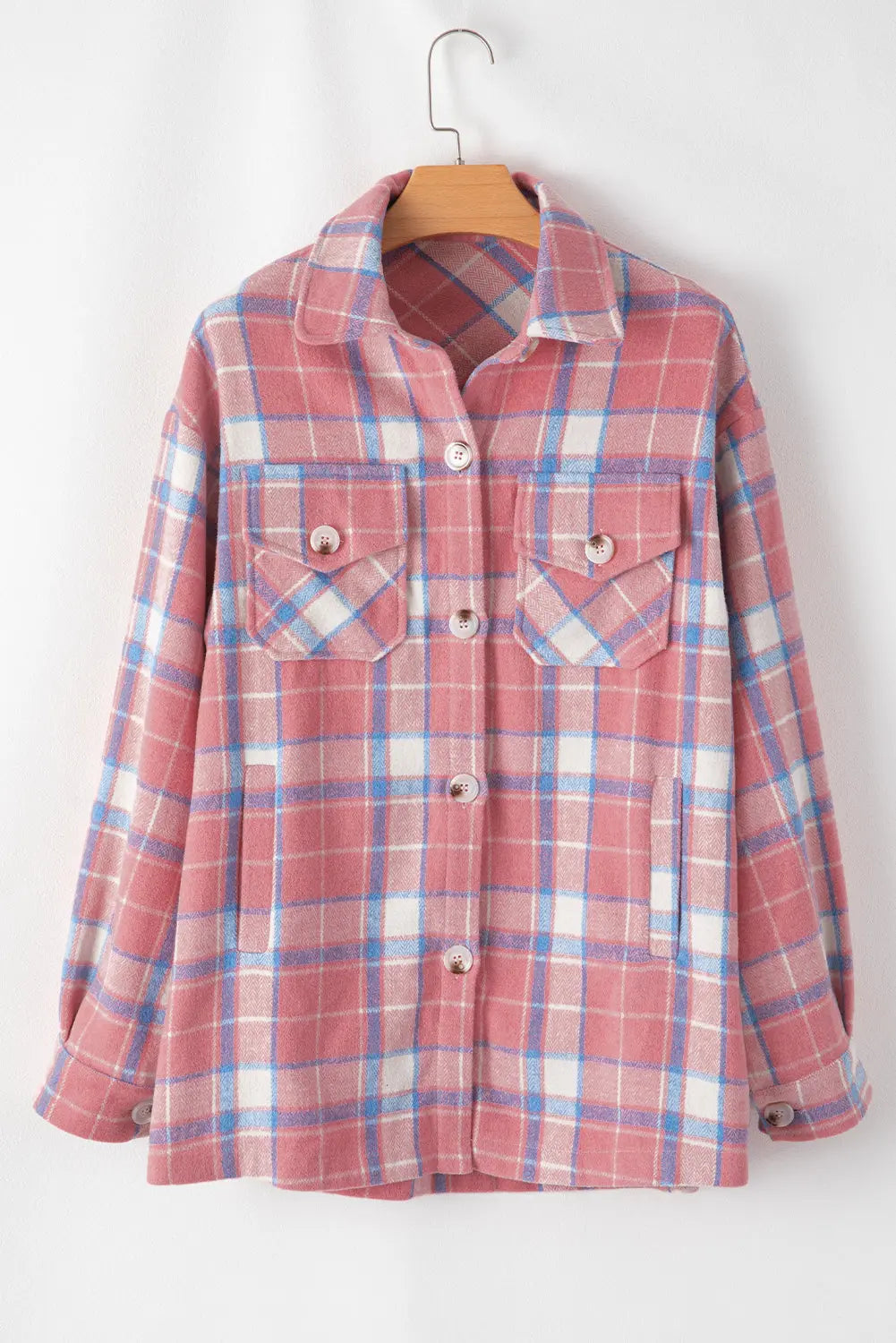 Pink Plaid Flap Pocket Button Up Shacket eAura