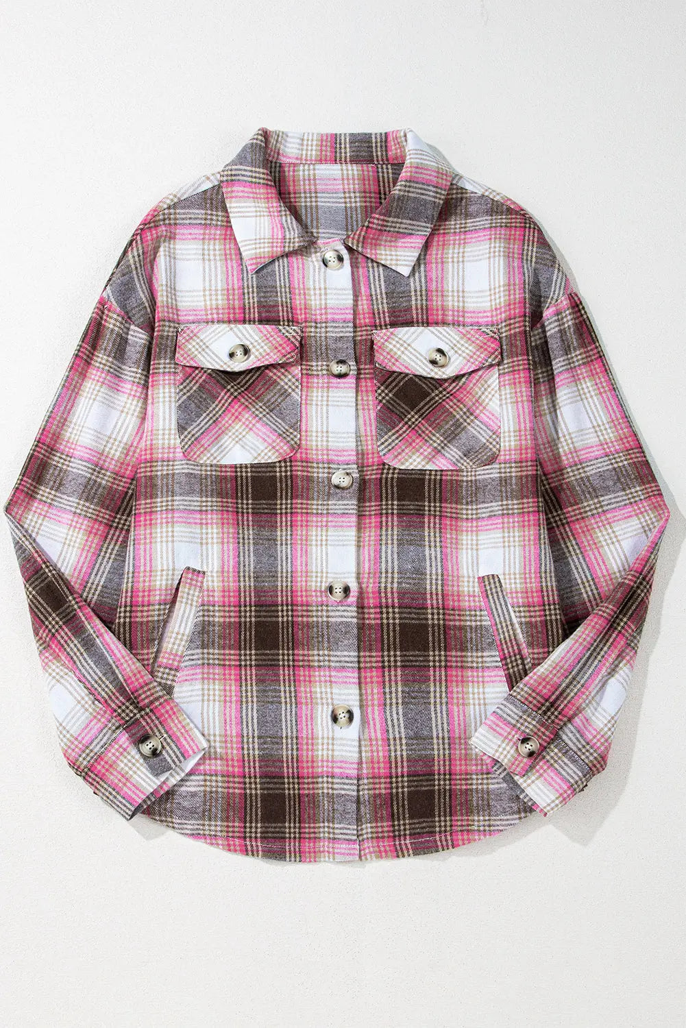 Pink Plaid Flap Pocket Button Up Shacket eAura