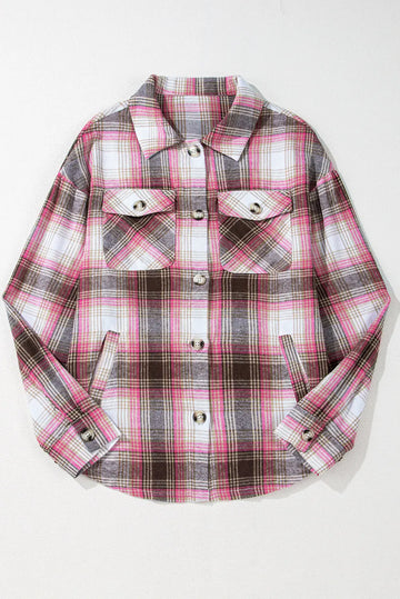 Pink Plaid Flap Pocket Button Up Shacket eAura