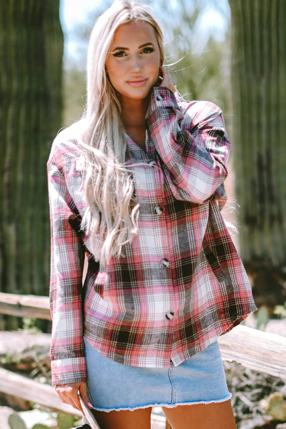 Pink Plaid Flap Pocket Button Up Shacket eAura