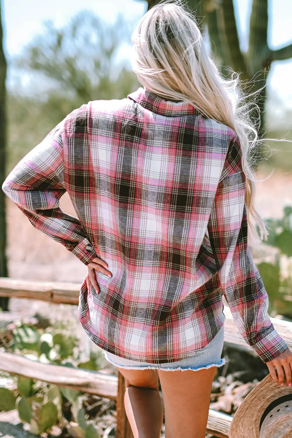 Pink Plaid Flap Pocket Button Up Shacket eAura