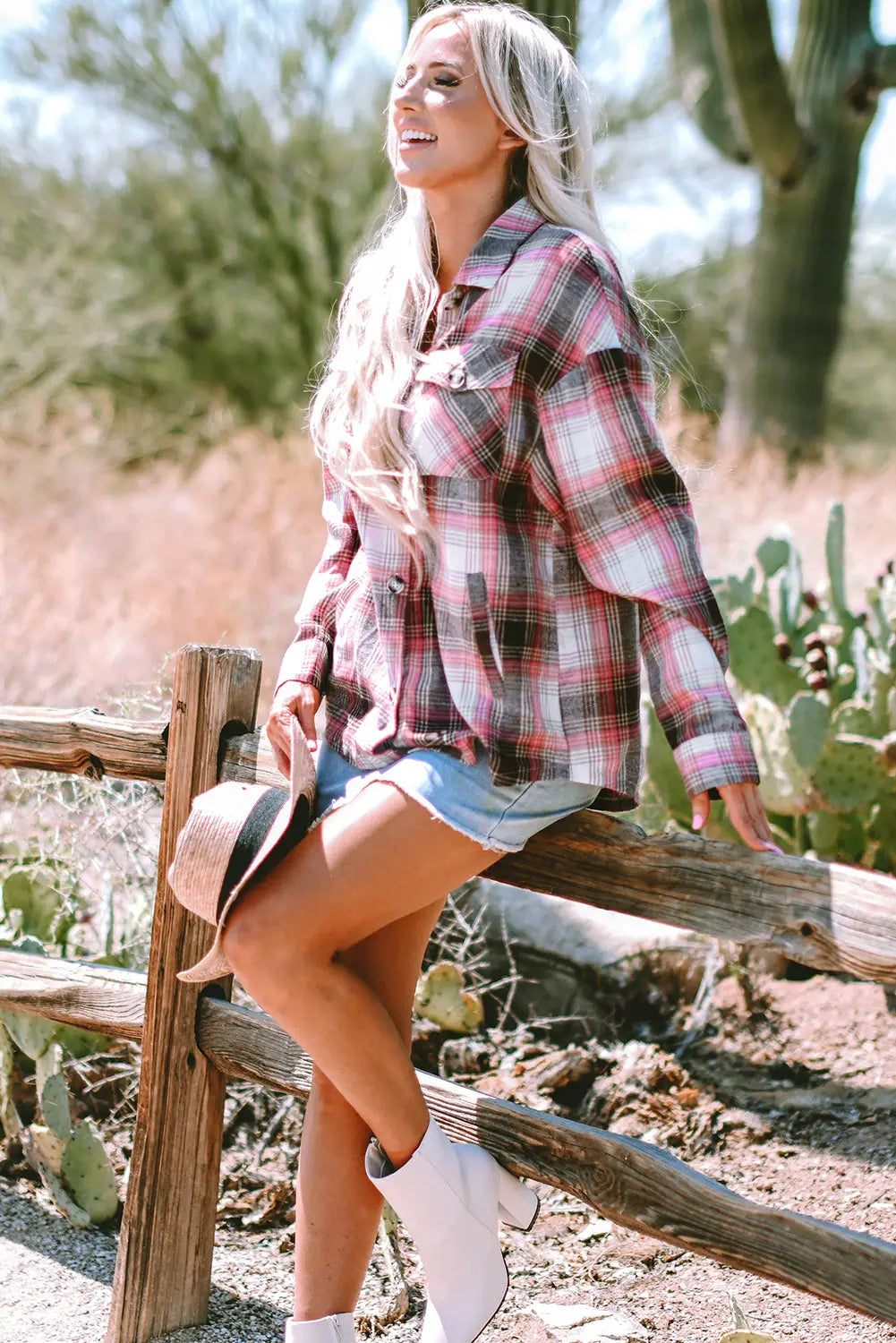 Pink Plaid Flap Pocket Button Up Shacket eAura