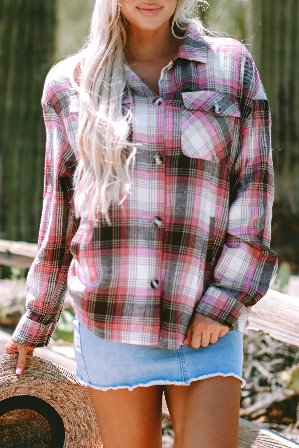 Pink Plaid Flap Pocket Button Up Shacket eAura