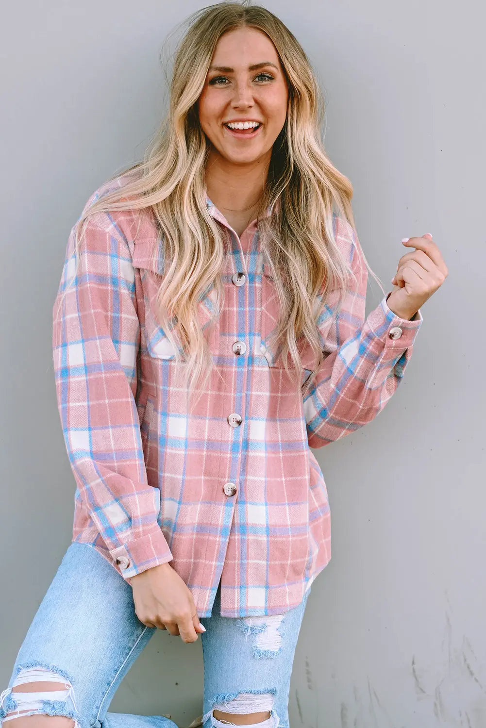 Pink Plaid Flap Pocket Flannel Shacket eAura