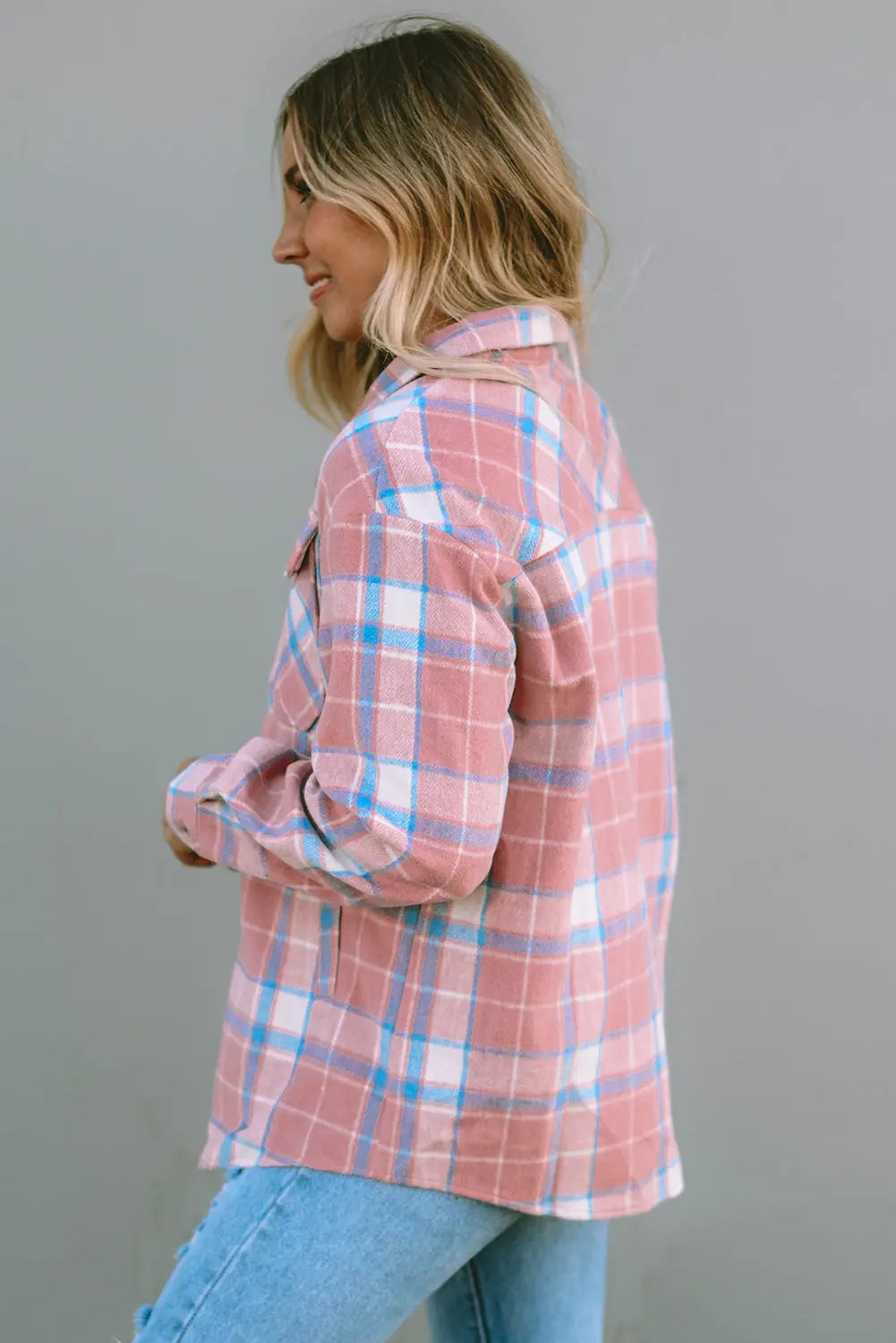 Pink Plaid Flap Pocket Flannel Shacket eAura