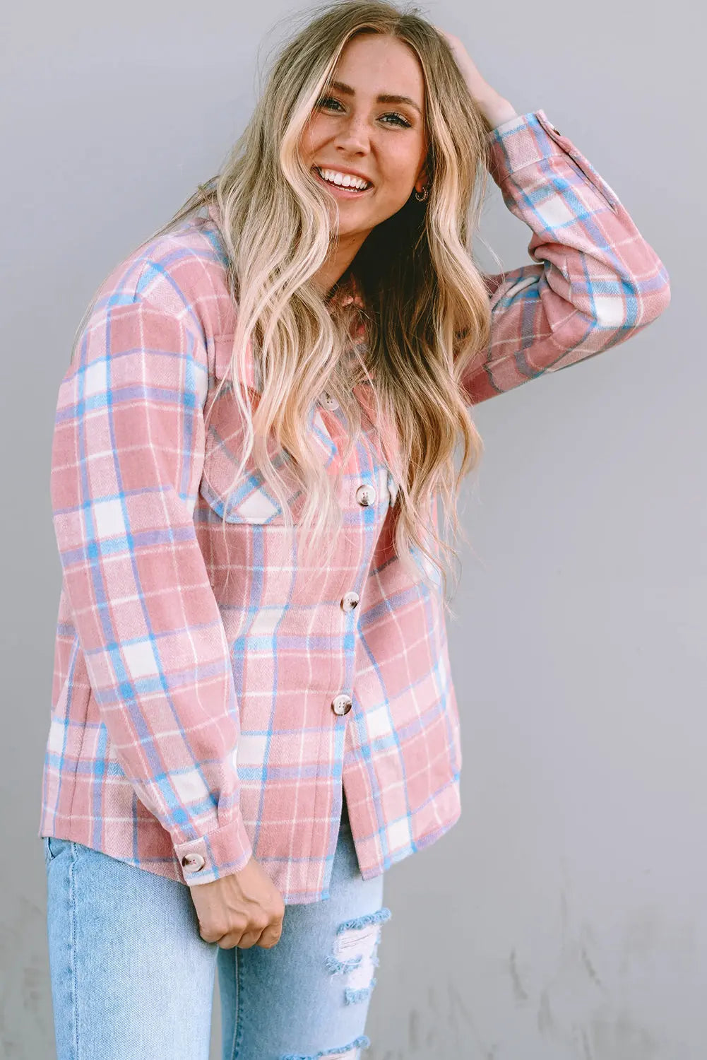 Pink Plaid Flap Pocket Flannel Shacket eAura