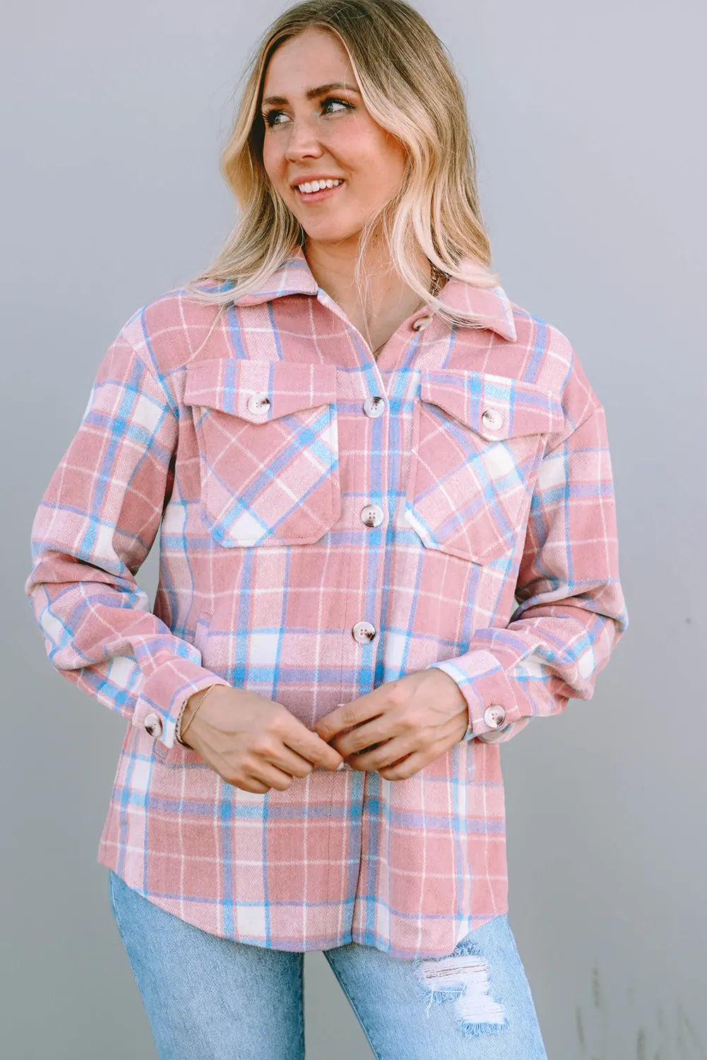Pink Plaid Flap Pocket Flannel Shacket eAura