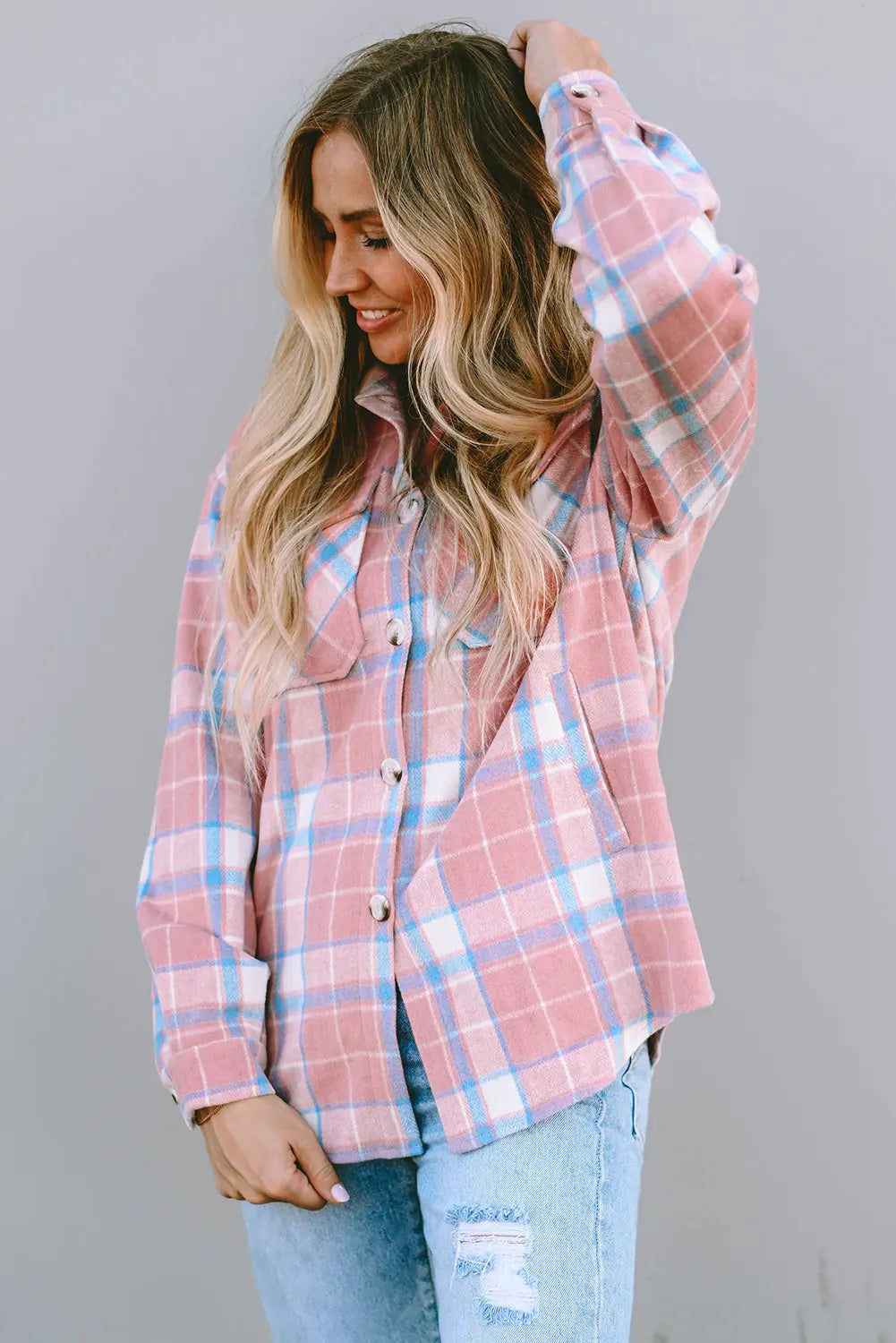 Pink Plaid Flap Pocket Flannel Shacket eAura