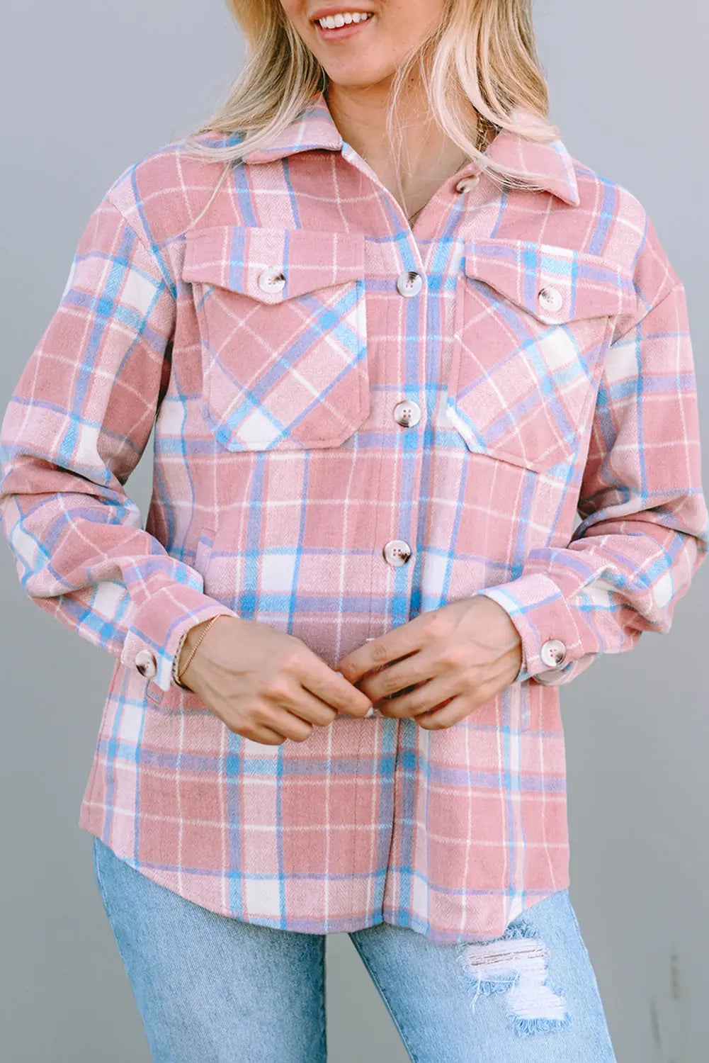Pink Plaid Flap Pocket Flannel Shacket eAura