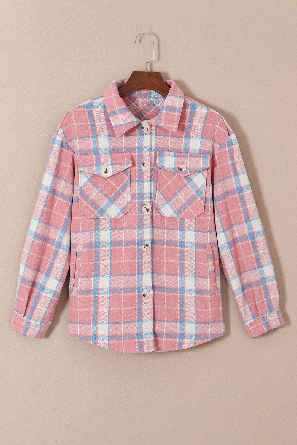 Pink Plaid Flap Pocket Flannel Shacket eAura