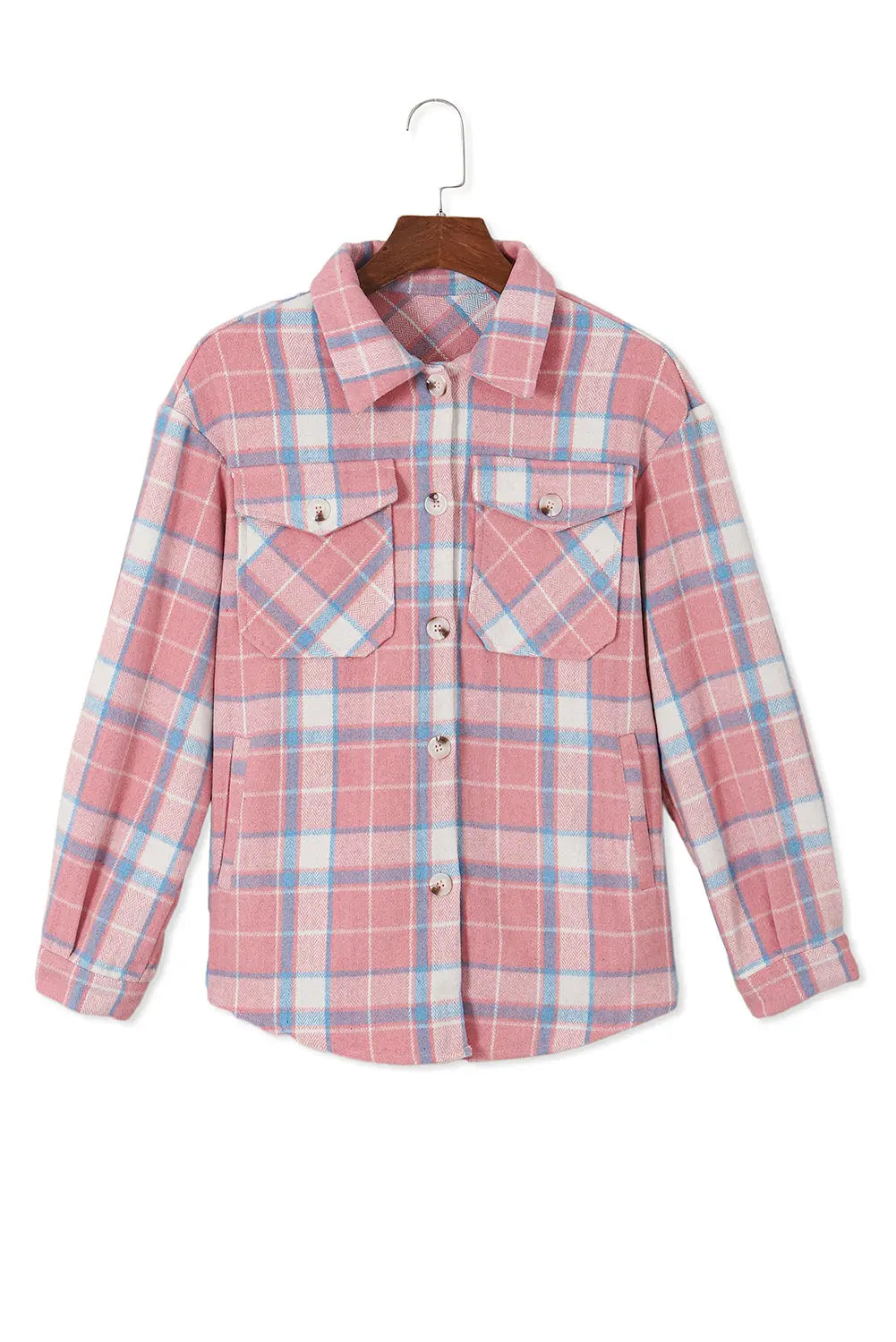 Pink Plaid Flap Pocket Flannel Shacket eAura