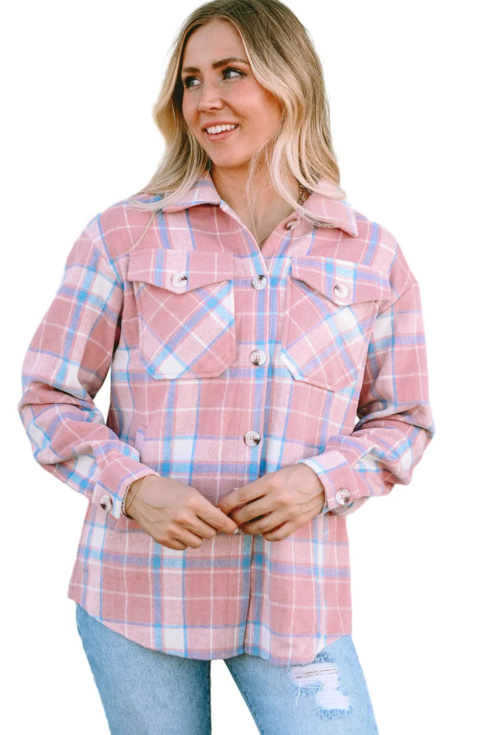 Pink Plaid Flap Pocket Flannel Shacket eAura