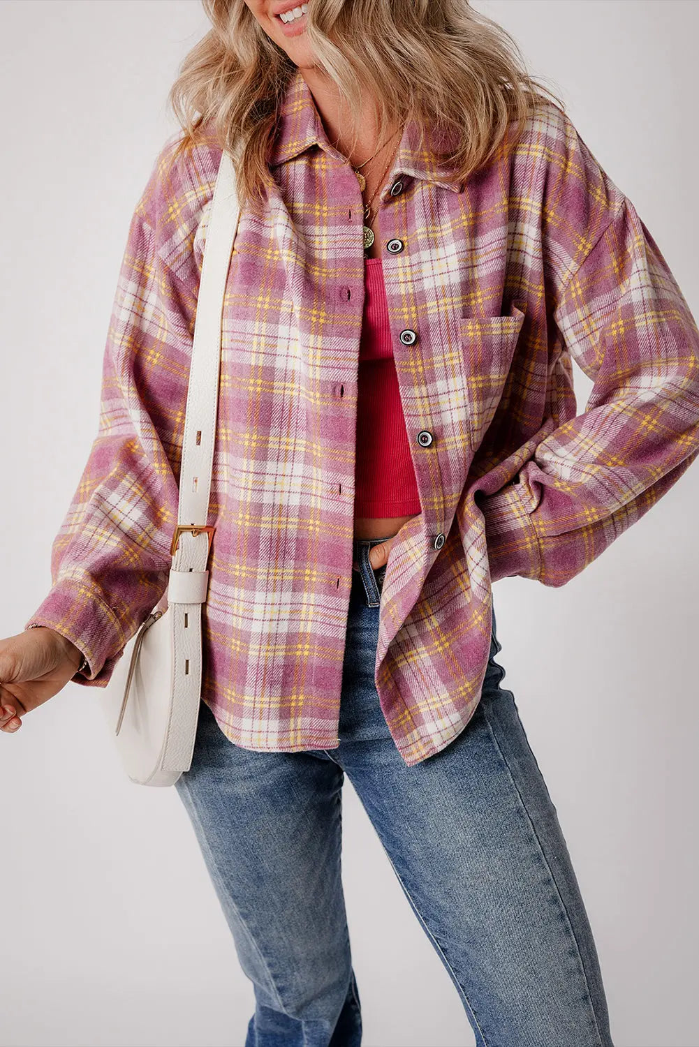Pink Plaid Print Chest Pocket Long Sleeve Shacket eAura