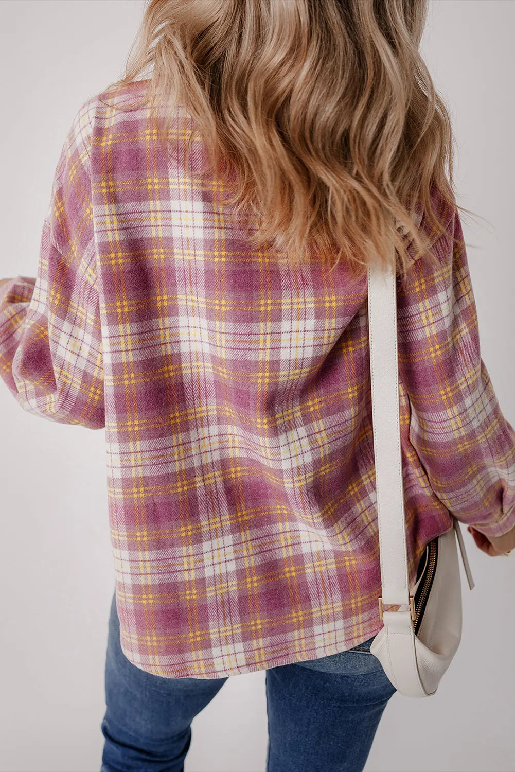 Pink Plaid Print Chest Pocket Long Sleeve Shacket eAura