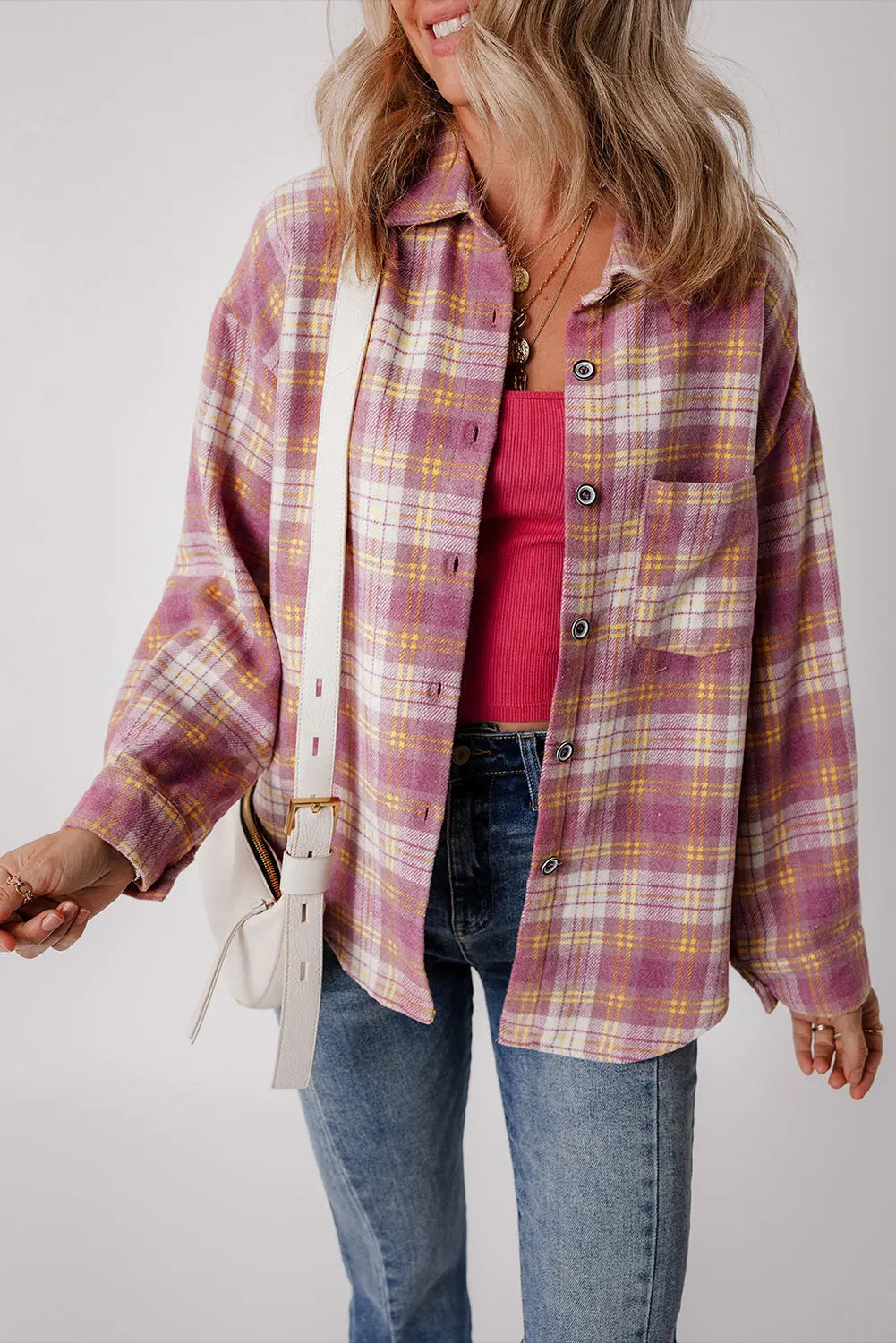 Pink Plaid Print Chest Pocket Long Sleeve Shacket eAura