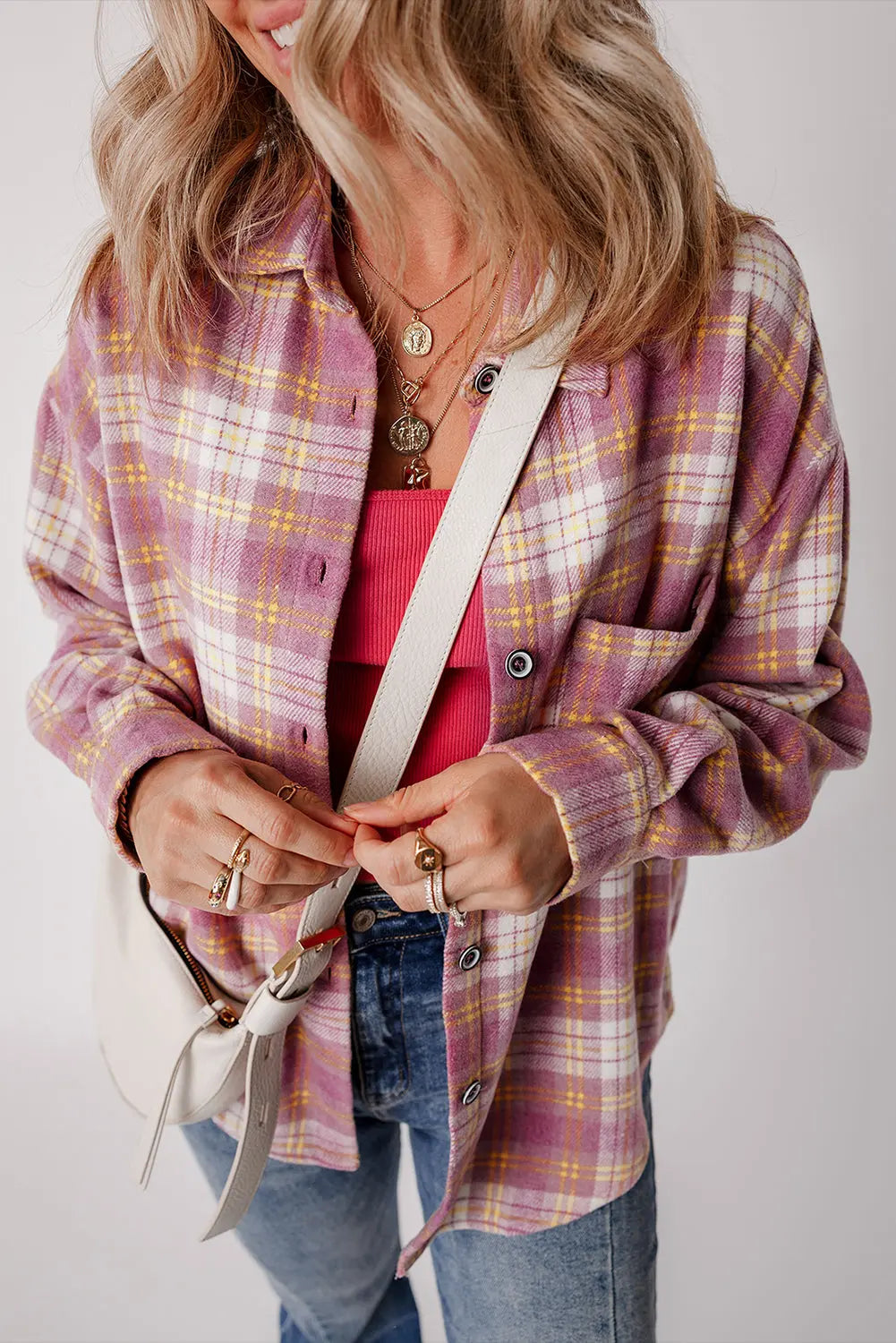 Pink Plaid Print Chest Pocket Long Sleeve Shacket eAura