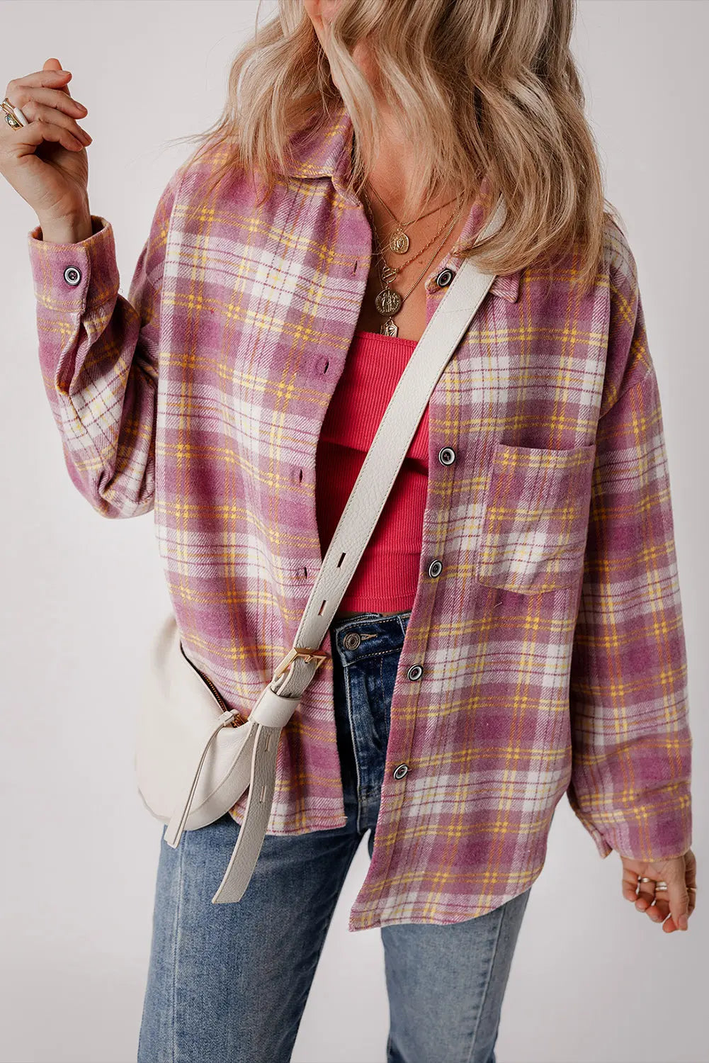 Pink Plaid Print Chest Pocket Long Sleeve Shacket eAura